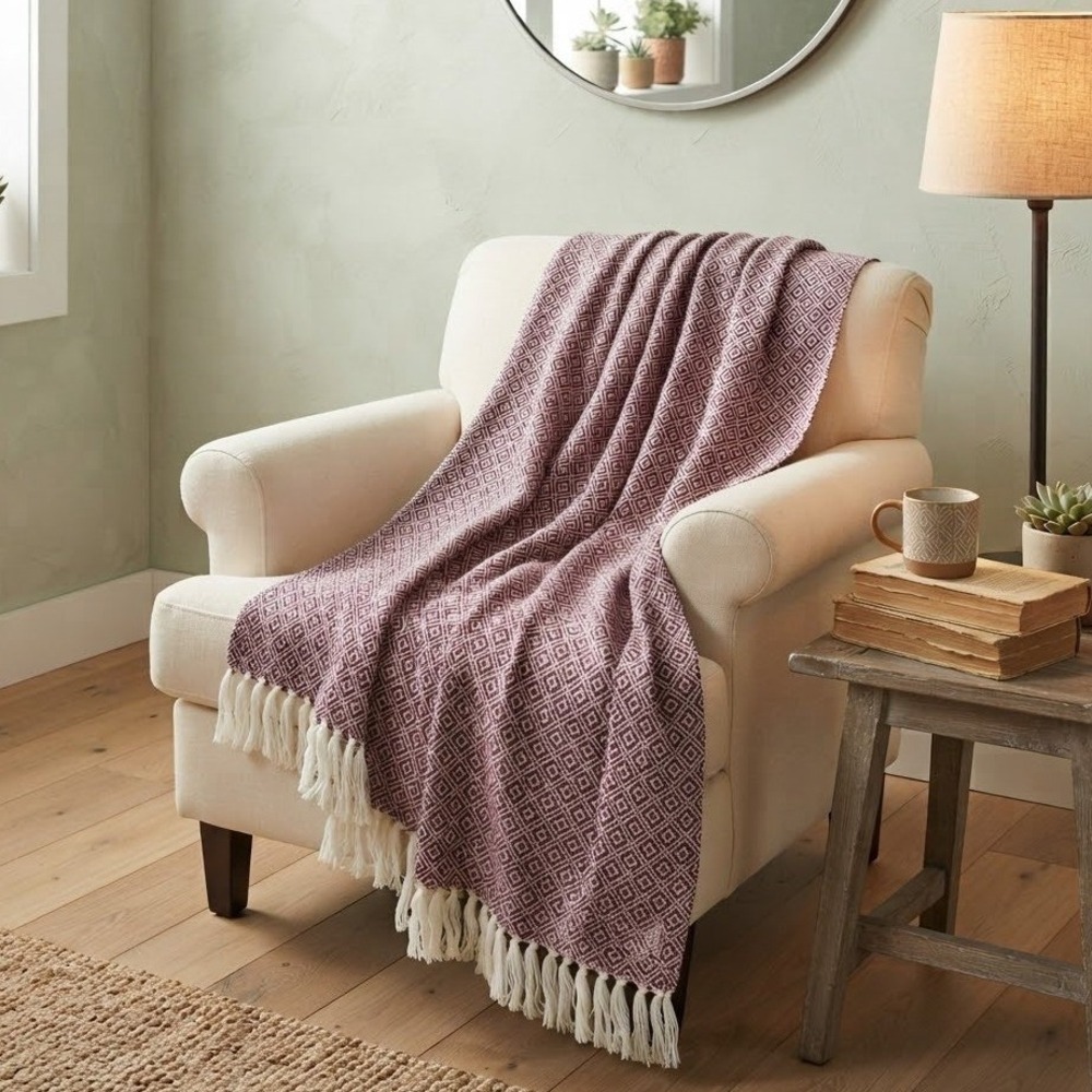 Tahari Home Burgundy White Diamond Geometric Woven Throw Blanket with Tassels